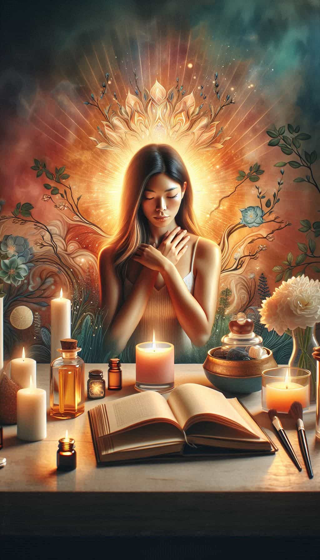 A Serene And Empowering Scene Featuring A Woman In A Tranquil Setting Surrounded By Elements Of Sel